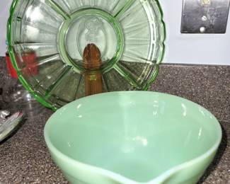 Vintage depression green glass divided platter. Vintage Jadeite mixing bowl