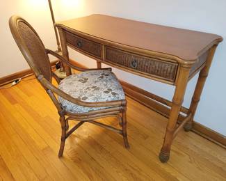 Bamboo and wood chair and desk with herringbone rattan drawers