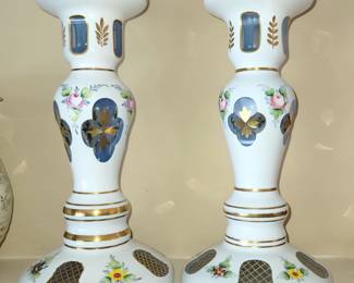 Vintage Bohemian Czech Glass White Cased Overlay Cut to Cobalt Blue, Hand Painted Candlesticks