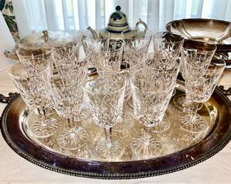 Waterford Crystal Marquis stems (16), large silver plate tray, misc. silver plate