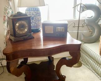 Antique square fancy table, vintage Chinese Canton blue & white lamp, electric clock and vintage radio from Jackson, MI (sold), vintage free-standing towel holder, etc.