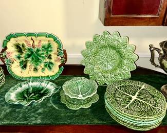 Close-up view of Majolica leaf/cabbage leaf dishes, plates sold