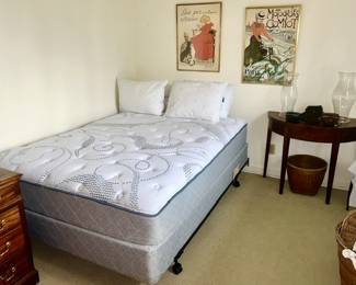Queen size mattress, box spring & frame, half-moon table, etc.