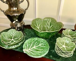 Close-up view of Majolica Cabbage leaf dishes