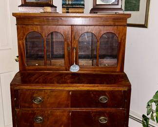 Antique Secretary with hinged fold-out desk, antique clocks (need work), antique books