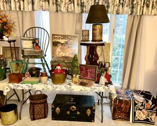Antique side table w/ marble top, vintage painted chairs, trunk, artwork, vintage dolls, many collectibles, woven rug, woven chest, some items SOLD