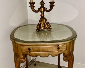 Close-up view of vintage table and lamp