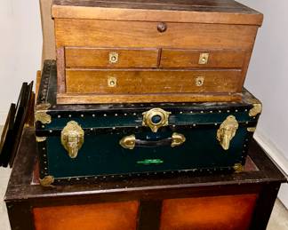 2 Wooden antique trunks, one metal trunk