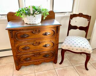 Antique 3 drawer chest w/ backsplash, vintage chair