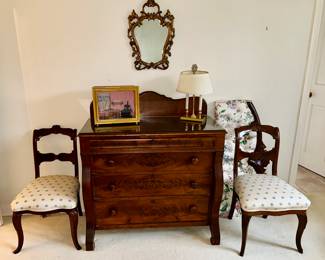 Vintage side chairs, antique 4 drawer chest of drawers w/ backsplash, vintage chairs, vintage diorama