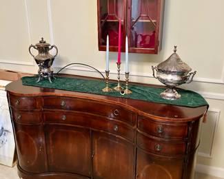 Antique buffet, kidney bean shape, wall cabinet, silverplate and brass collectibles