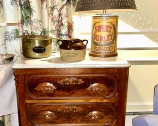 Antique 3 drawer chest w/ removable marble top, antique brass chamber Pot Central Pacific RR , stoneware Boston Baked Beans bean pot (no cover), Sweet Burley Tobacco tin lamp w/ metal shade