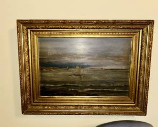 Antique seaside painting with boat in antique gold frame