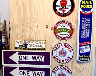 Reproduction signs, vintage Mail Pouch tobacco thermometer (sold), vintage ONE WAY signs on pressed board