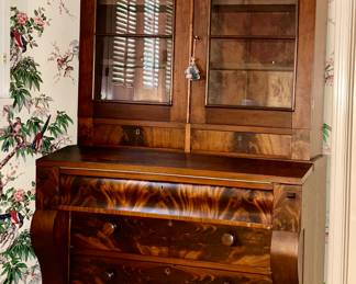 Antique cabinet with glass doors and drawers, antique stool
