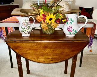 Vintage small drop leaf table, stoneware pitchers, floral decor