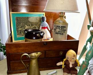 Antique wooden tool/chest w/ hinged top, vintage & antique collectibles, lamp SOLD