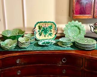 Majolica Cabbage leaf dishes, plates Sold, multi-color Majolica tray, silver plate coffee server and covered compote