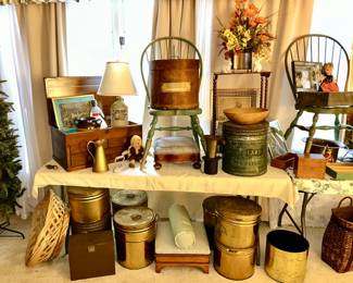 Wooden antiques/collectibles, metal tins are SOLD, Brooklyn, MI LARD tin (SOLD), foot stools, etc.