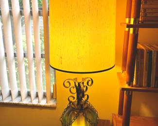 Vintage Mid-Century Modern Retro Southwestern Ranch Green Glass and Iron Swag Chain Lamp