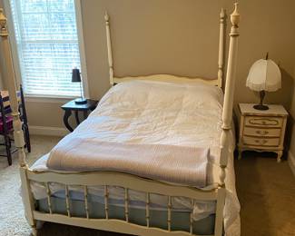 French Provincial bedroom suite includes bed and side table, tallboy chest, lowboy dresser, and desk with shelf.