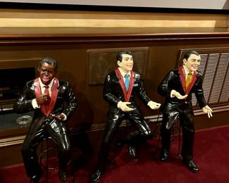 3 fiberglass sculptures of the Rack Pack (Sammy Davis Jr, Dean Martin, Frank Sinatra), 35" tall on stools
