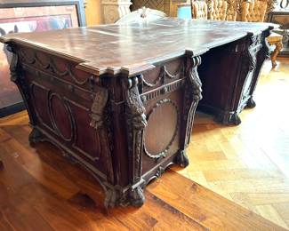 Antique dual sided executive desk, approx 6’8” by 4’3”