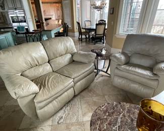 Off-white leather furniture: sofa, loveseat, recliner
