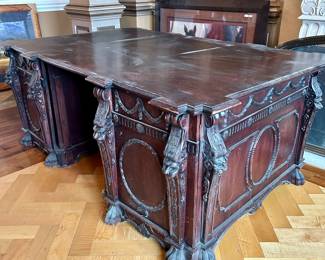Antique dual sided executive desk, approx 6’8” by 4’3”