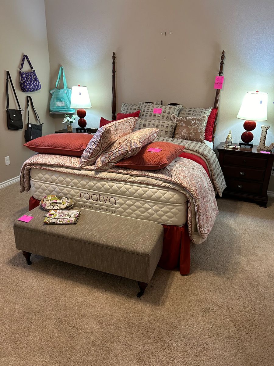 Saatva Organic Queen mattress set, Mahogany Headboard and frame, 2 night stands and 2 lamps