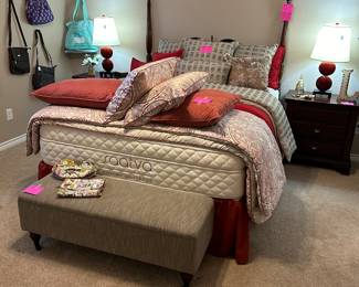 Saatva Organic Queen mattress set, Mahogany Headboard and frame, 2 night stands and 2 lamps