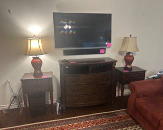 Media Cabinet, 2 night stands, 55" Samsung Smart TV, Samsung woofer/sound bar (2)