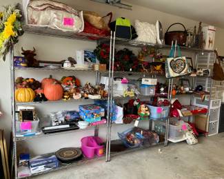 Shelving for sale, holiday, pillows, household items