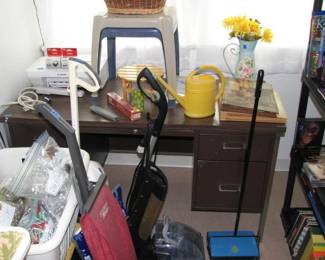 Metal desk, printer, scrap books, vacuums  and more