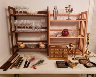 CRYSTAL STEMWARE, VINTAGE FANS, TEA CUPS & BRASS ITEMS