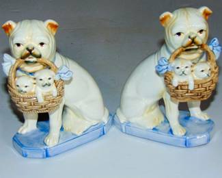 2 VINTAGE BULLDOG with PUPPIES in BASKET BOOKENDS