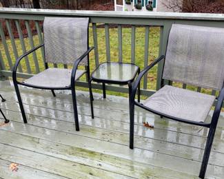Outdoor chairs & 2 glass outdoor tables 