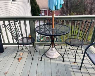 3 piece wrought iron bistro set with umbrella & stand 
