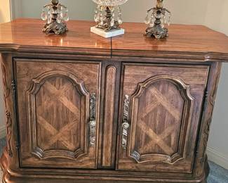 Serving cabinet, tops extends for gatherings