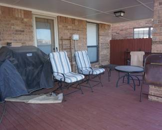patio chairs, table, grill