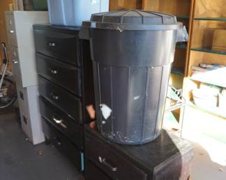 night stand, chest of drawers, storage tubs,  trash can