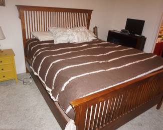 Mission style bed, night stand, lamp
