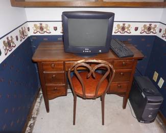 desk, chair, computer