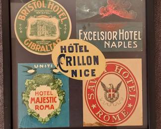 Framed antique luggage stickers