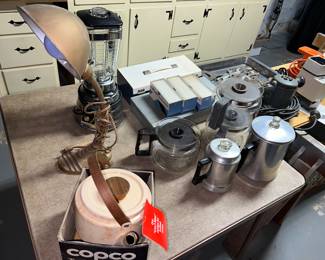 Cool art deco lamp and Vintage Coffee pots hiding down in the basement