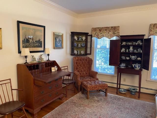Secretary, two piece cupboard, corner cupboard, ironstone, delft and other blue and white ware.  Rug is a Karastan