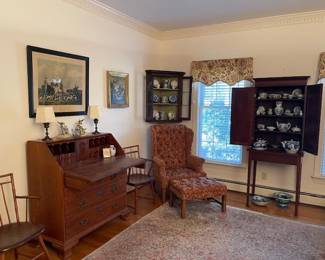 Secretary, two piece cupboard, corner cupboard, ironstone, delft and other blue and white ware.  Rug is a Karastan