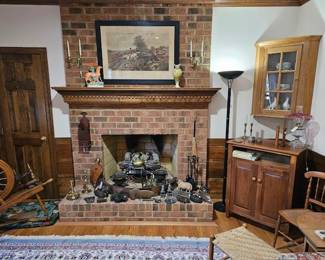 Antique spinning wheel, Fox Hunting prints (one of several), corner cupcoard, entertainment cabinet