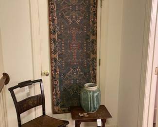 Hanging tapestry, antique painted country chair, English pub stool, Japanese ceramic vase