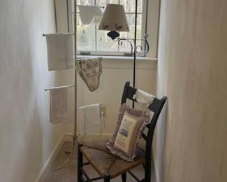Vintage hand towels, antique chair, iron floor lamp